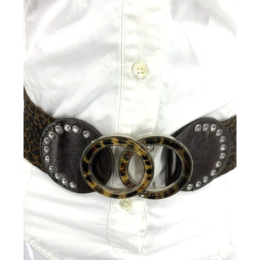 Vintage Y2K Leopard Elastic Double Circle Buckle Waist Belt New Wave Sz S/M - Picture 3 of 5
